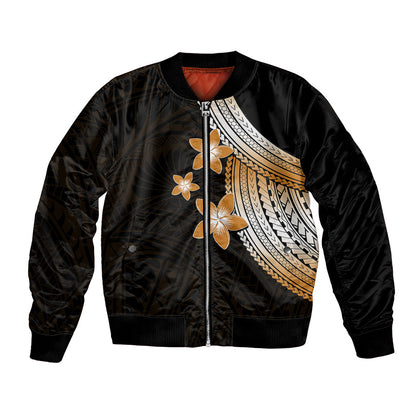 Polynesian Bomber Jacket With Plumeria Flower Gold