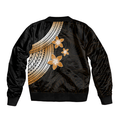 Polynesian Bomber Jacket With Plumeria Flower Gold