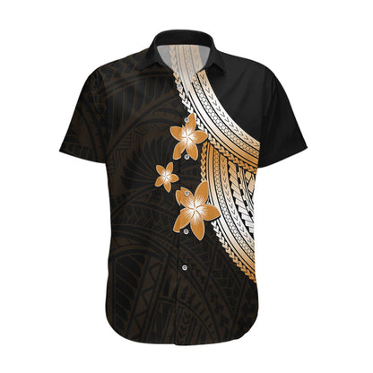 Polynesian Hawaiian Shirt With Plumeria Flower Gold