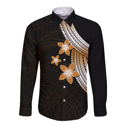 Polynesian Long Sleeve Button Shirt With Plumeria Flower Gold