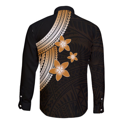 Polynesian Long Sleeve Button Shirt With Plumeria Flower Gold