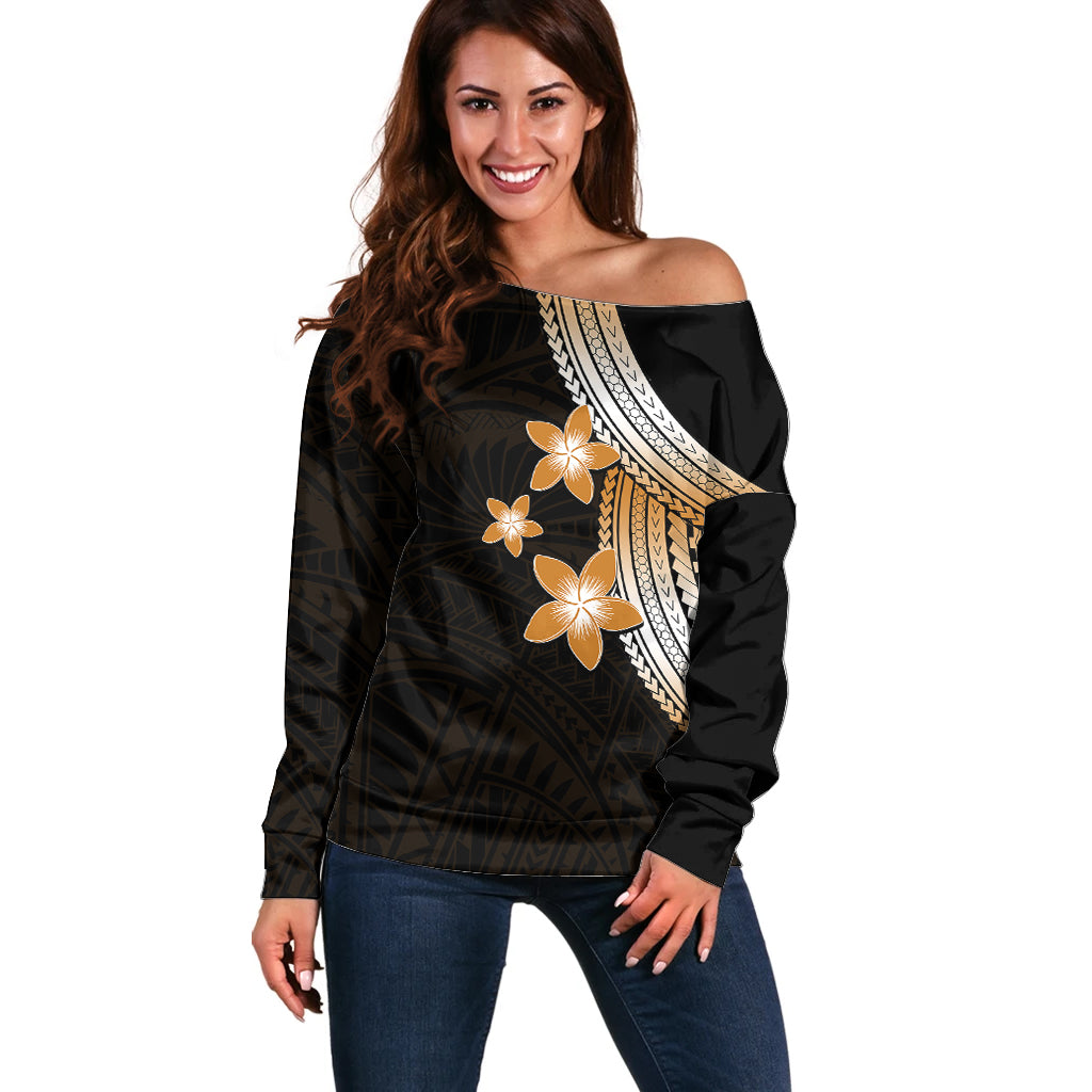 Polynesian Off Shoulder Sweater With Plumeria Flower Gold