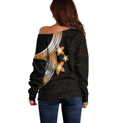 Polynesian Off Shoulder Sweater With Plumeria Flower Gold