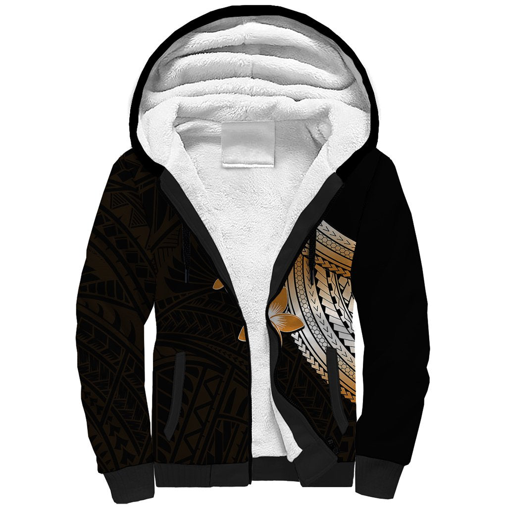 Polynesian Sherpa Hoodie With Plumeria Flower Gold