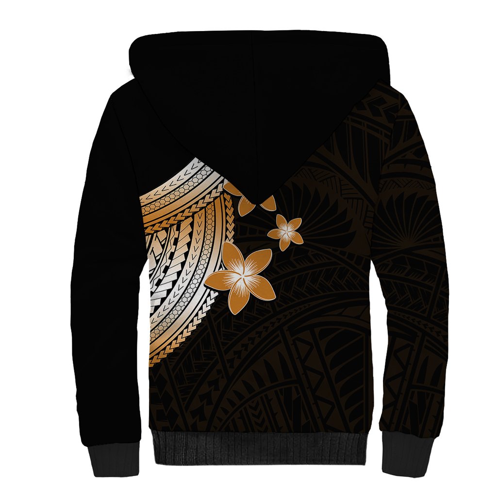 Polynesian Sherpa Hoodie With Plumeria Flower Gold