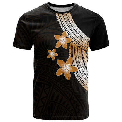 Polynesian T Shirt With Plumeria Flower Gold