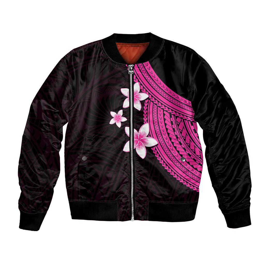 Polynesian Bomber Jacket With Plumeria Flower Pink