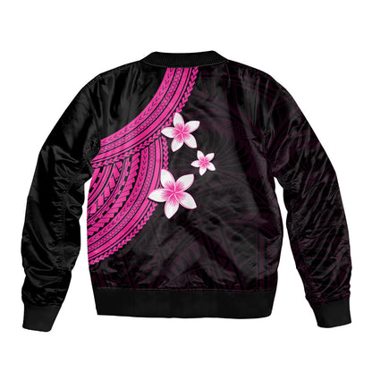 Polynesian Bomber Jacket With Plumeria Flower Pink