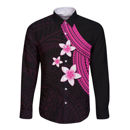 Polynesian Long Sleeve Button Shirt With Plumeria Flower Pink