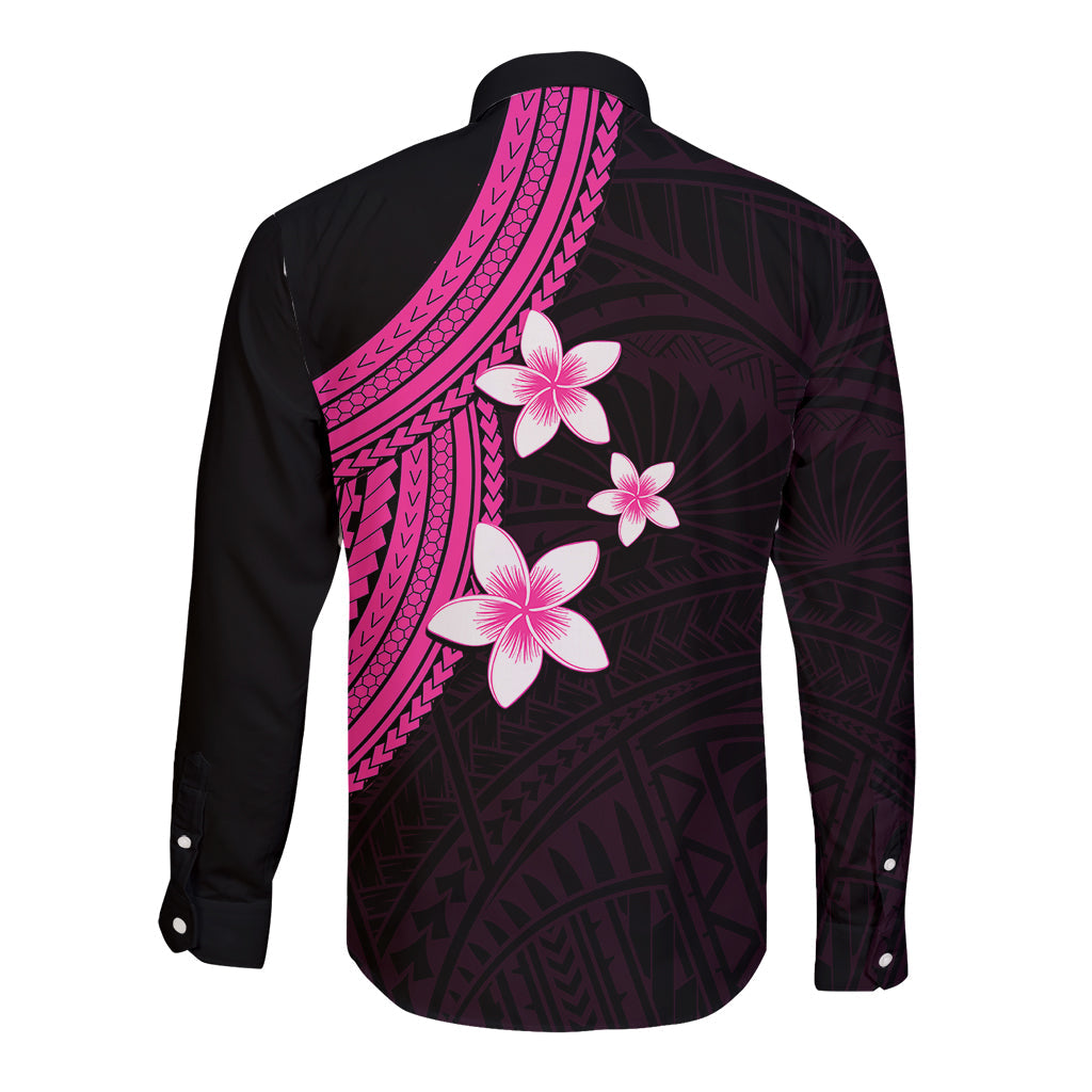 Polynesian Long Sleeve Button Shirt With Plumeria Flower Pink