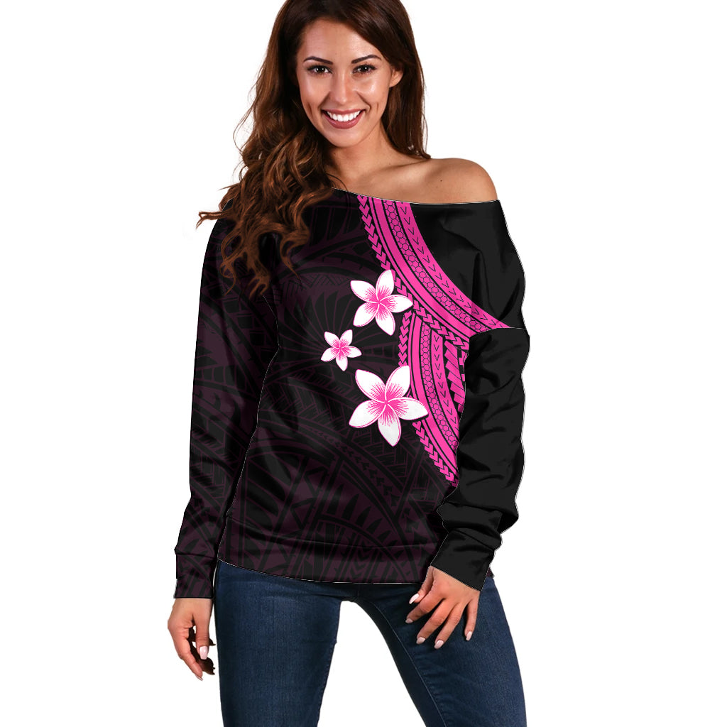 Polynesian Off Shoulder Sweater With Plumeria Flower Pink