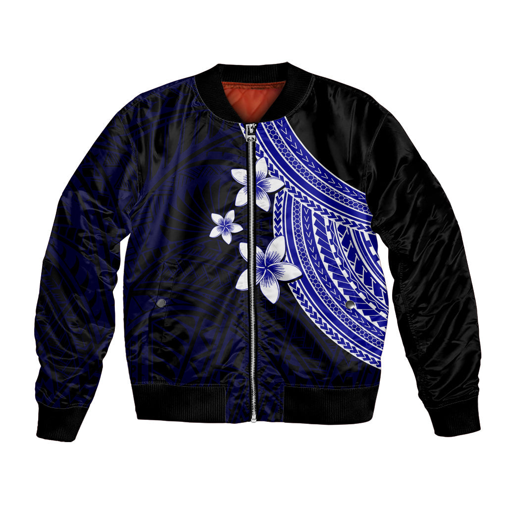 Polynesian Bomber Jacket With Plumeria Flower Blue
