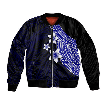 Polynesian Bomber Jacket With Plumeria Flower Blue
