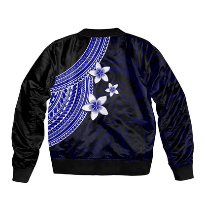 Polynesian Bomber Jacket With Plumeria Flower Blue