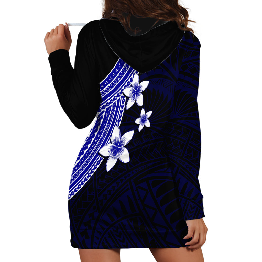 Polynesian Hoodie Dress With Plumeria Flower Blue
