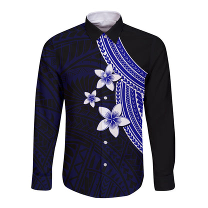 Polynesian Long Sleeve Button Shirt With Plumeria Flower Blue
