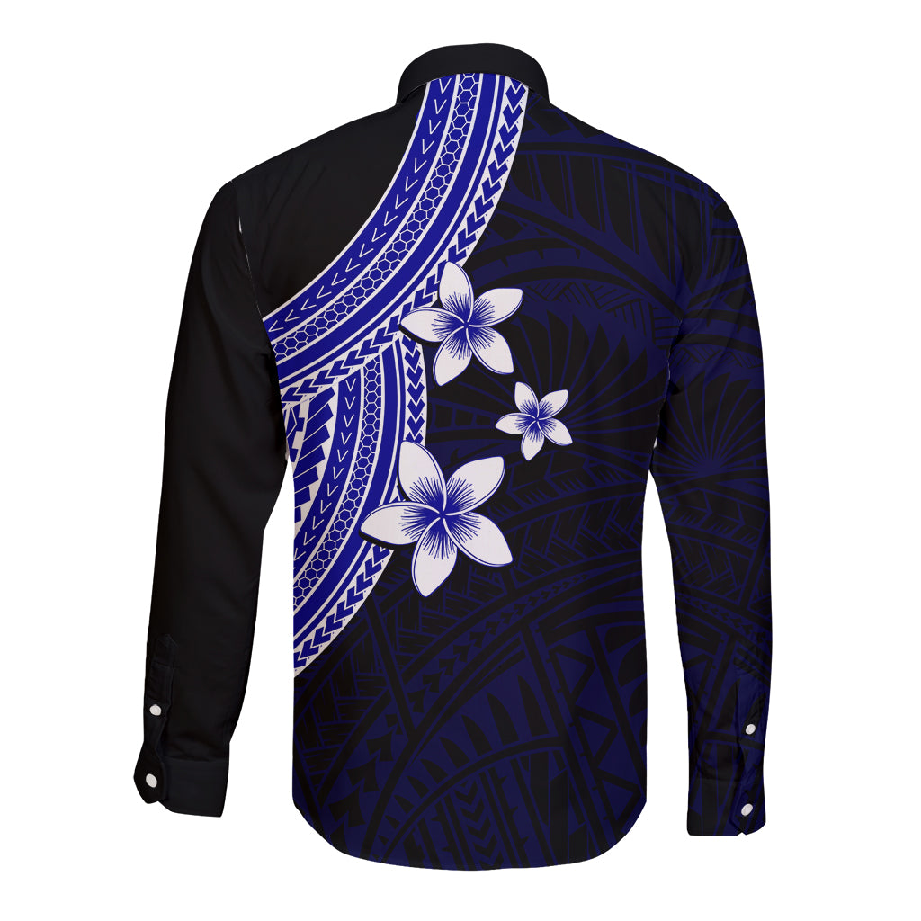 Polynesian Long Sleeve Button Shirt With Plumeria Flower Blue