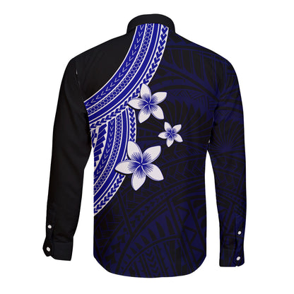 Polynesian Long Sleeve Button Shirt With Plumeria Flower Blue