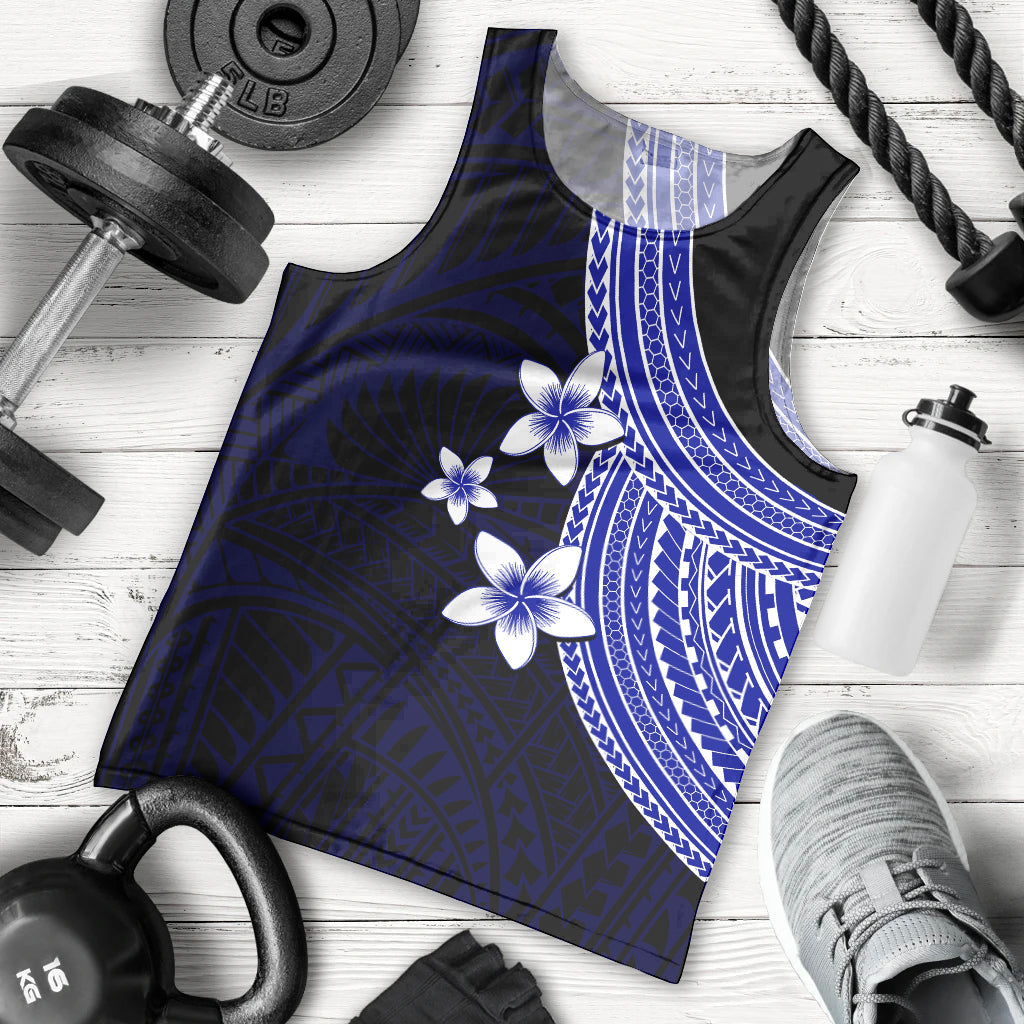 Polynesian Men Tank Top With Plumeria Flower Blue