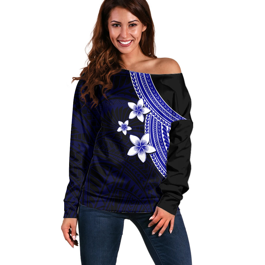 Polynesian Off Shoulder Sweater With Plumeria Flower Blue