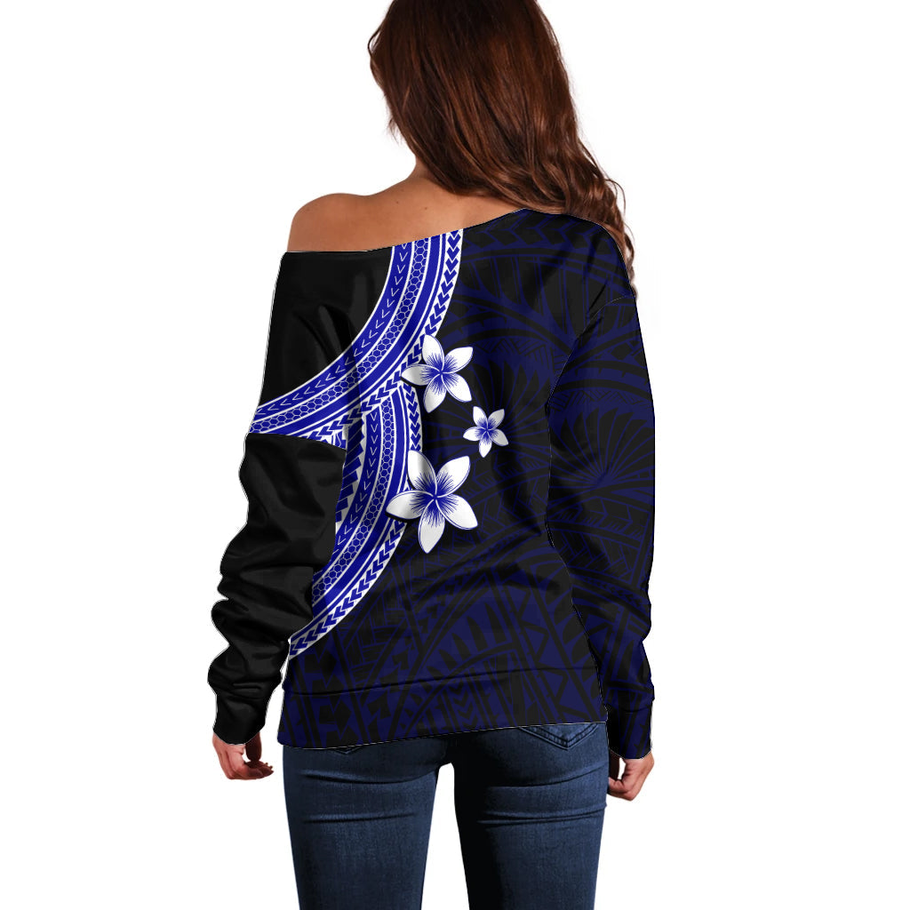 Polynesian Off Shoulder Sweater With Plumeria Flower Blue