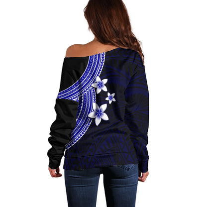 Polynesian Off Shoulder Sweater With Plumeria Flower Blue