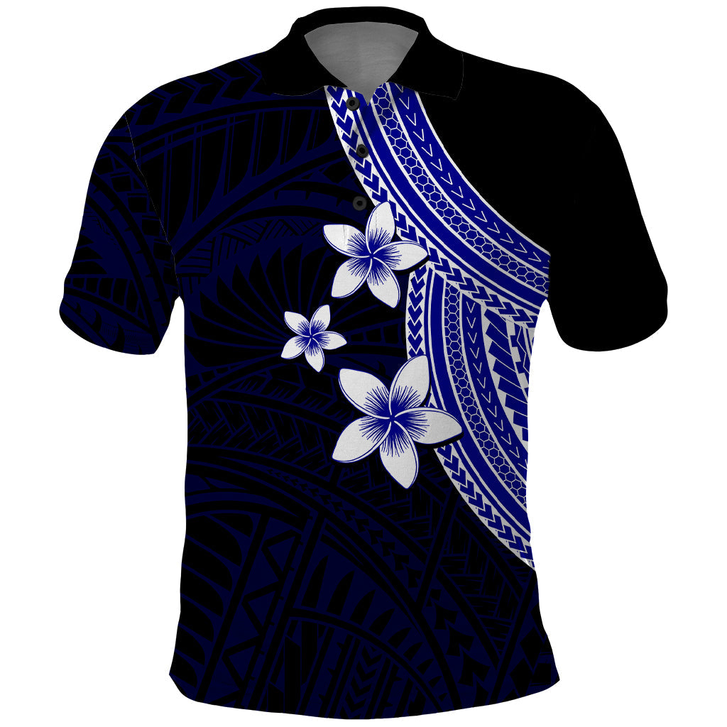 Polynesian Polo Shirt With Plumeria Flower Blue