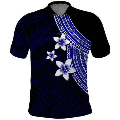 Polynesian Polo Shirt With Plumeria Flower Blue