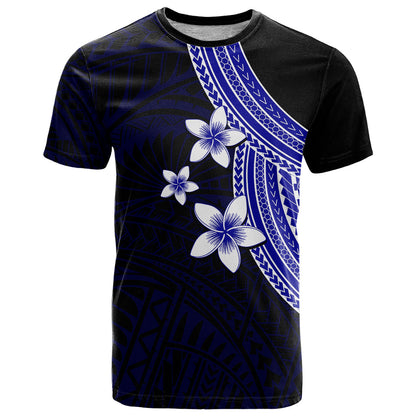 Polynesian T Shirt With Plumeria Flower Blue