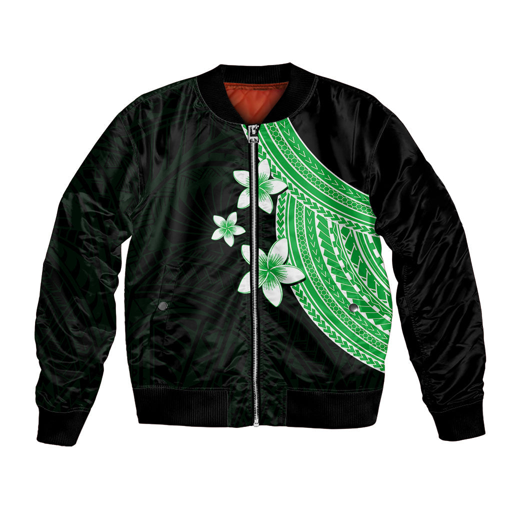 Polynesian Bomber Jacket With Plumeria Flower Green