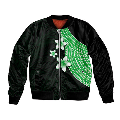 Polynesian Bomber Jacket With Plumeria Flower Green