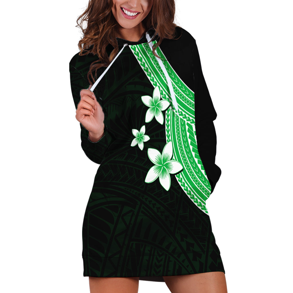 Polynesian Hoodie Dress With Plumeria Flower Green