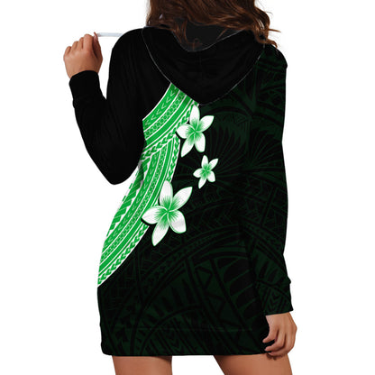 Polynesian Hoodie Dress With Plumeria Flower Green