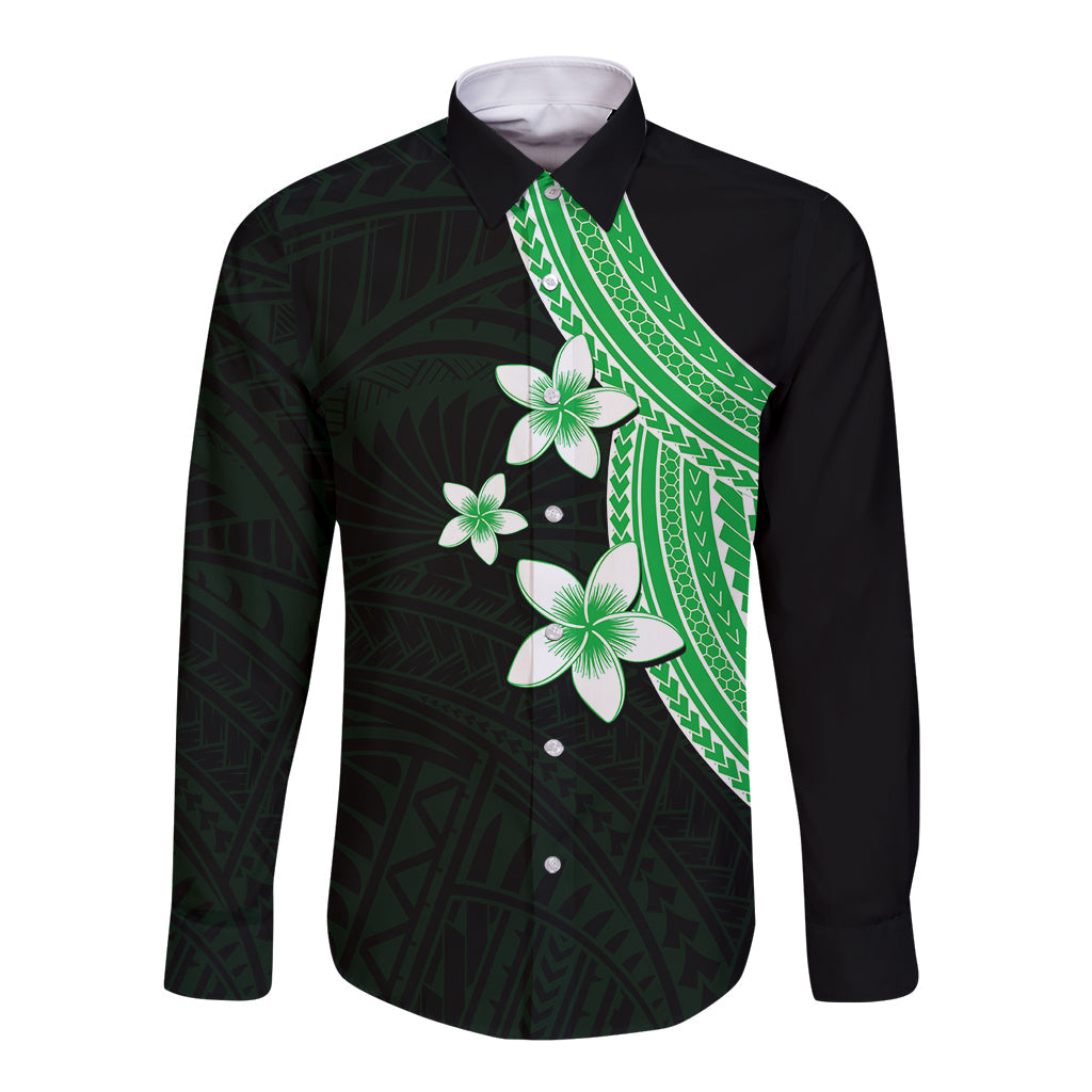 Polynesian Long Sleeve Button Shirt With Plumeria Flower Green