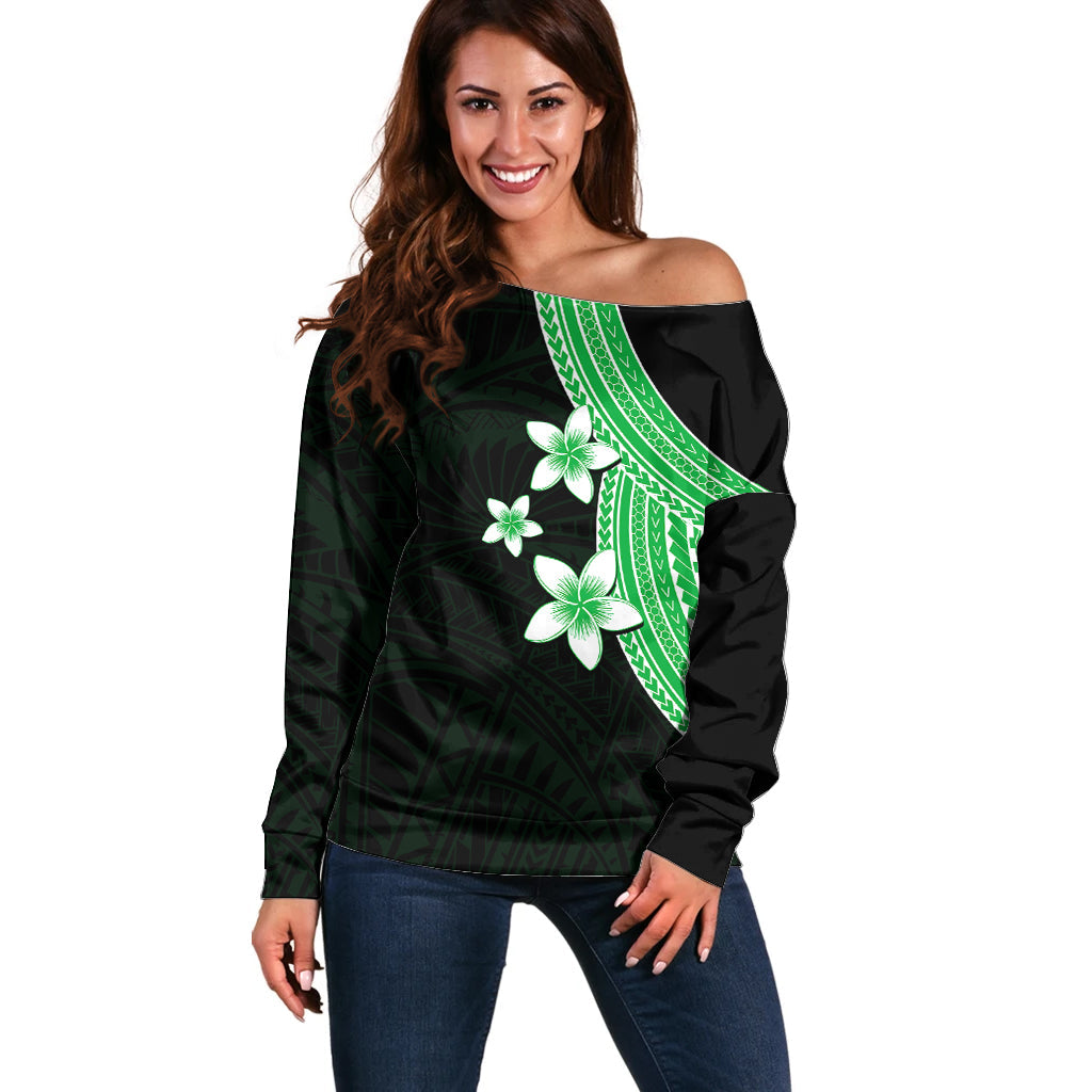 Polynesian Off Shoulder Sweater With Plumeria Flower Green