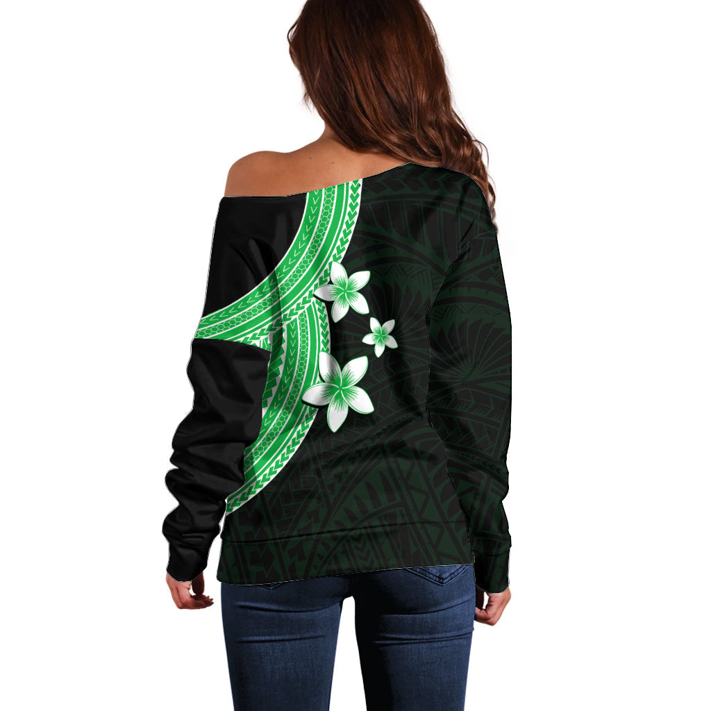 Polynesian Off Shoulder Sweater With Plumeria Flower Green