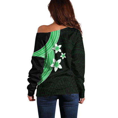 Polynesian Off Shoulder Sweater With Plumeria Flower Green
