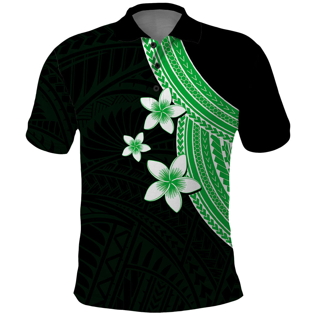 Polynesian Polo Shirt With Plumeria Flower Green