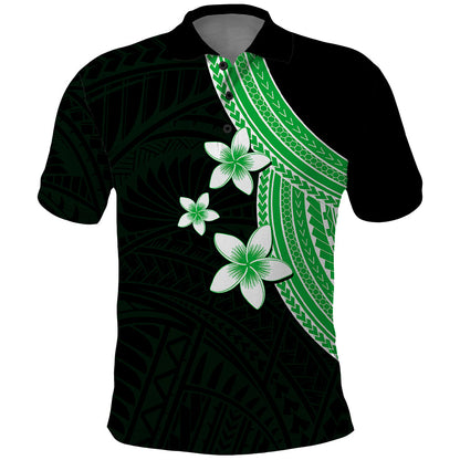 Polynesian Polo Shirt With Plumeria Flower Green