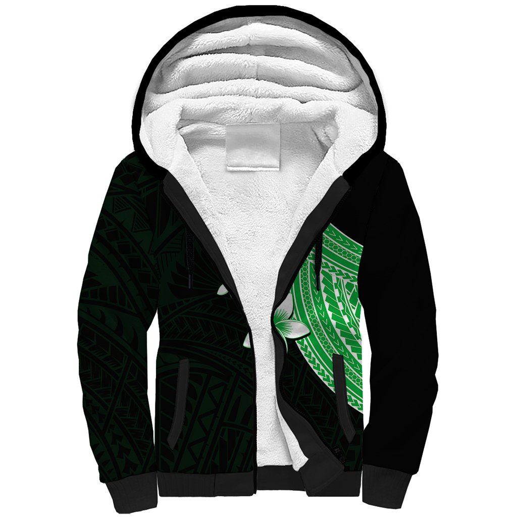 Polynesian Sherpa Hoodie With Plumeria Flower Green