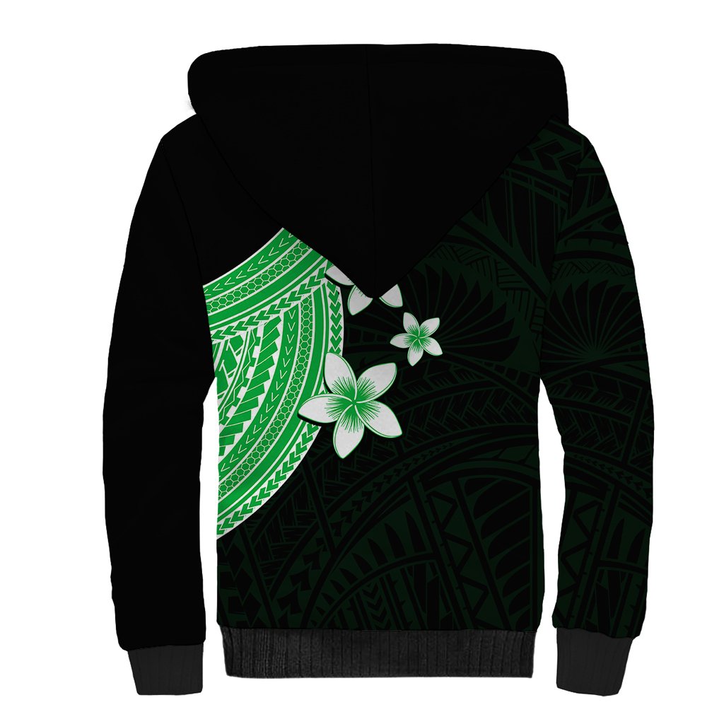 Polynesian Sherpa Hoodie With Plumeria Flower Green
