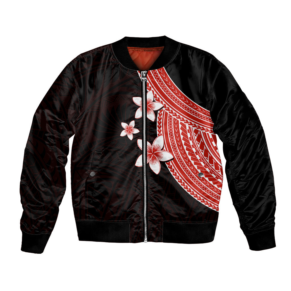Polynesian Bomber Jacket With Plumeria Flower Red