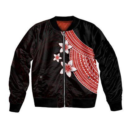 Polynesian Bomber Jacket With Plumeria Flower Red