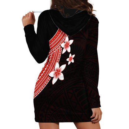 Polynesian Hoodie Dress With Plumeria Flower Red