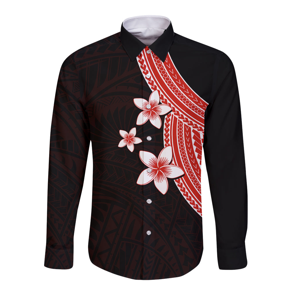 Polynesian Long Sleeve Button Shirt With Plumeria Flower Red