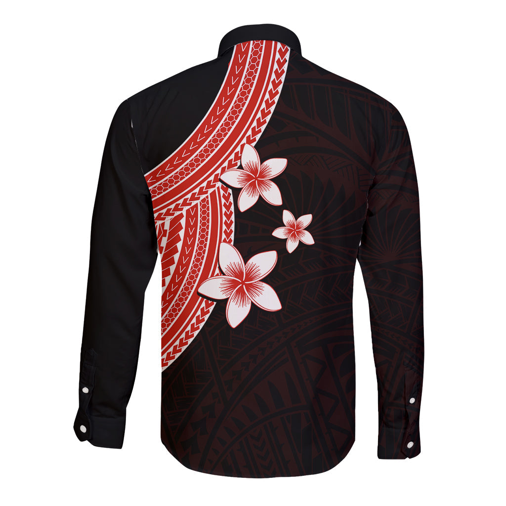 Polynesian Long Sleeve Button Shirt With Plumeria Flower Red