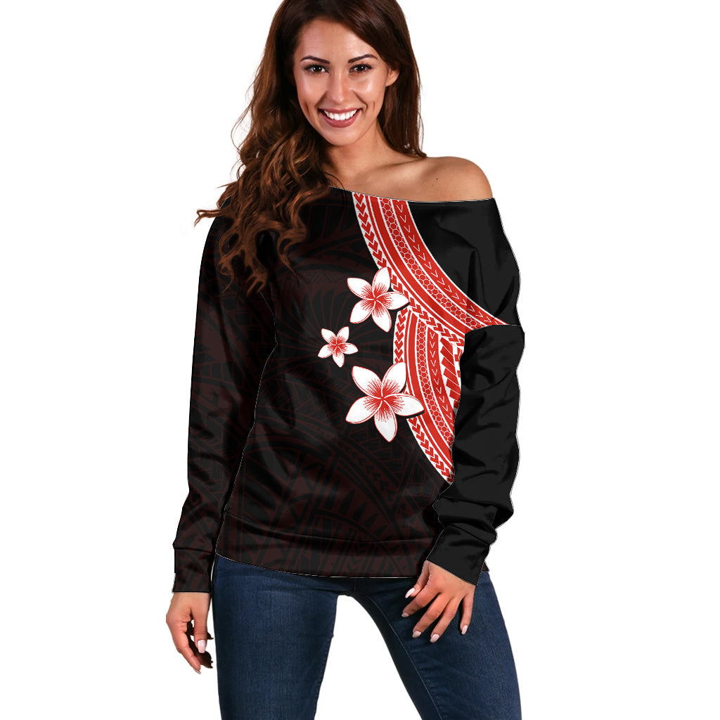 Polynesian Off Shoulder Sweater With Plumeria Flower Red