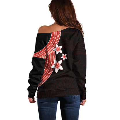 Polynesian Off Shoulder Sweater With Plumeria Flower Red