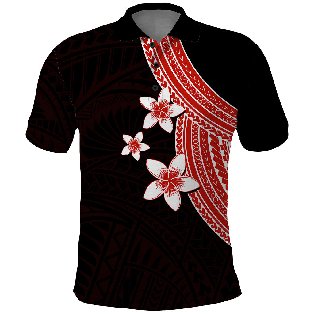Polynesian Polo Shirt With Plumeria Flower Red