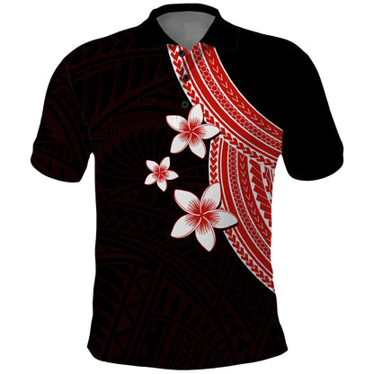 Polynesian Polo Shirt With Plumeria Flower Red